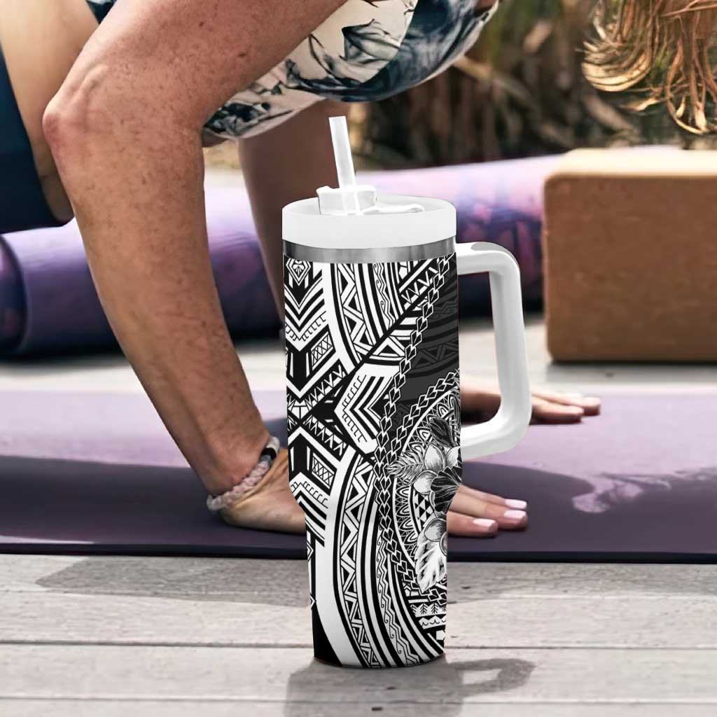 Hibiscus With Black Austronesian Tattoo Pattern Tumbler With Handle - Polynesian Pride