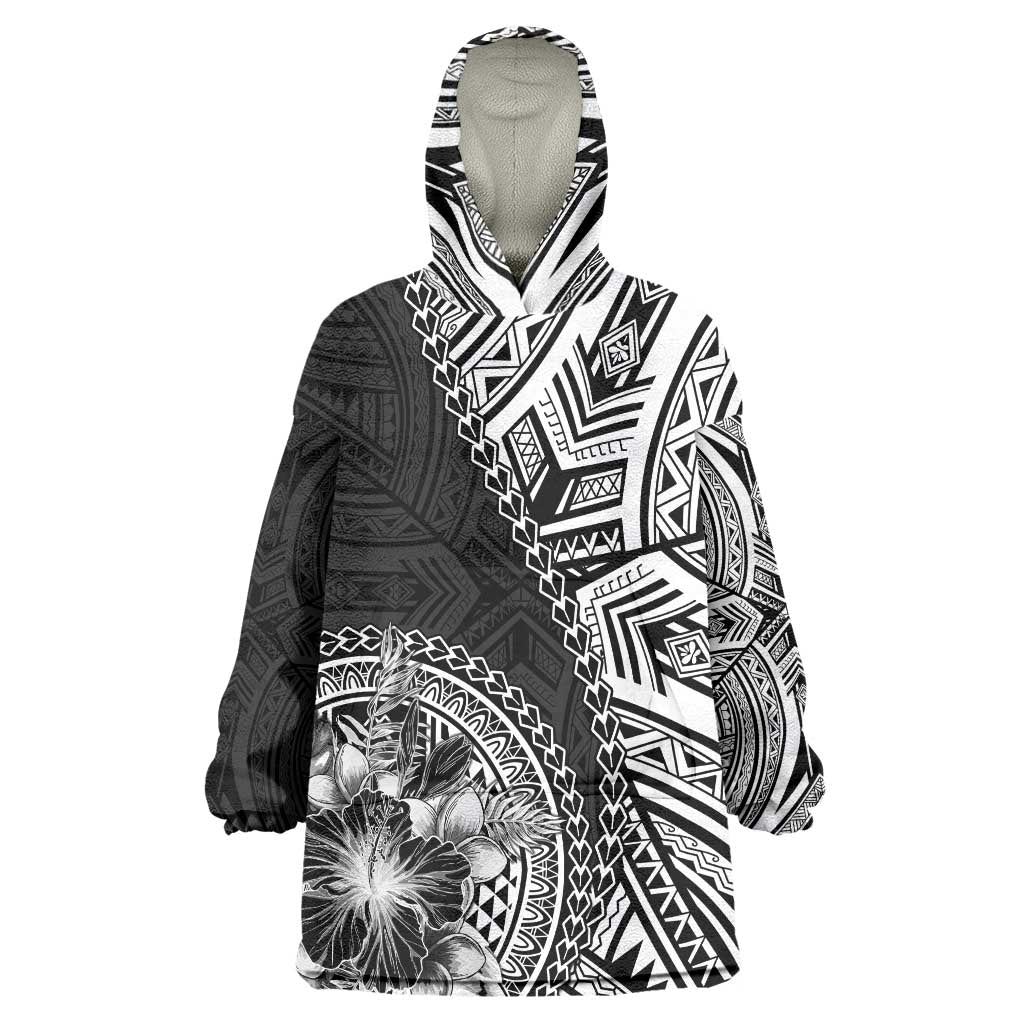 Hibiscus With Black Austronesian Tattoo Pattern Wearable Blanket Hoodie - Polynesian Pride