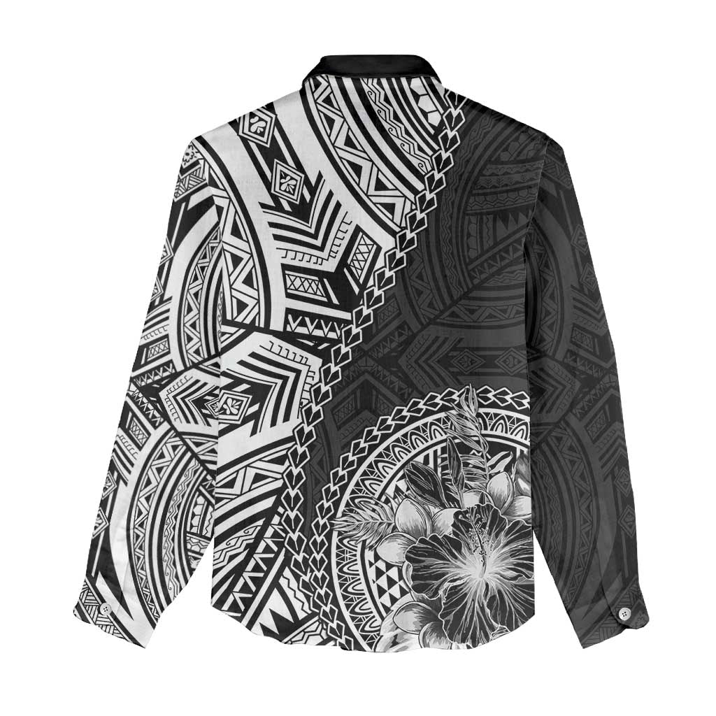 Hibiscus With Black Austronesian Tattoo Pattern Women Casual Shirt - Polynesian Pride