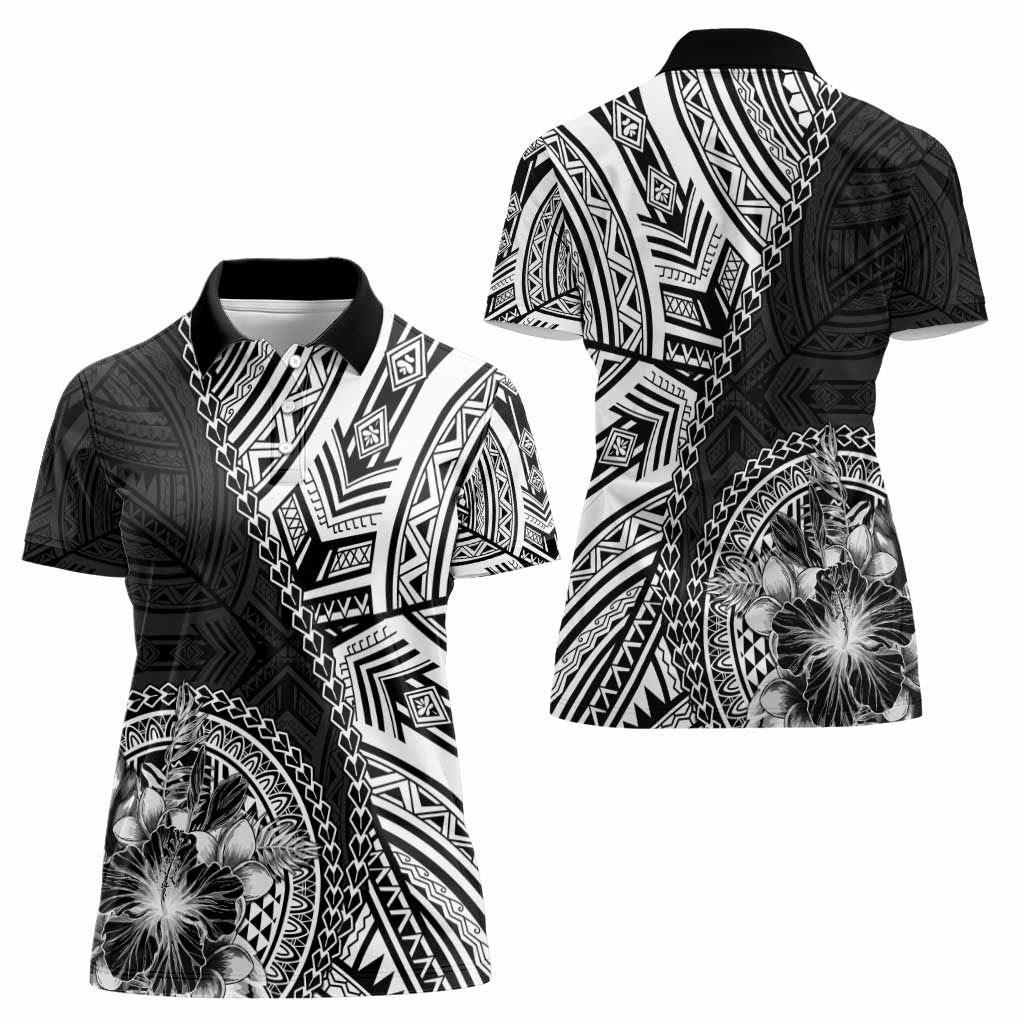 Hibiscus With Black Austronesian Tattoo Pattern Women Polo Shirt - Polynesian Pride