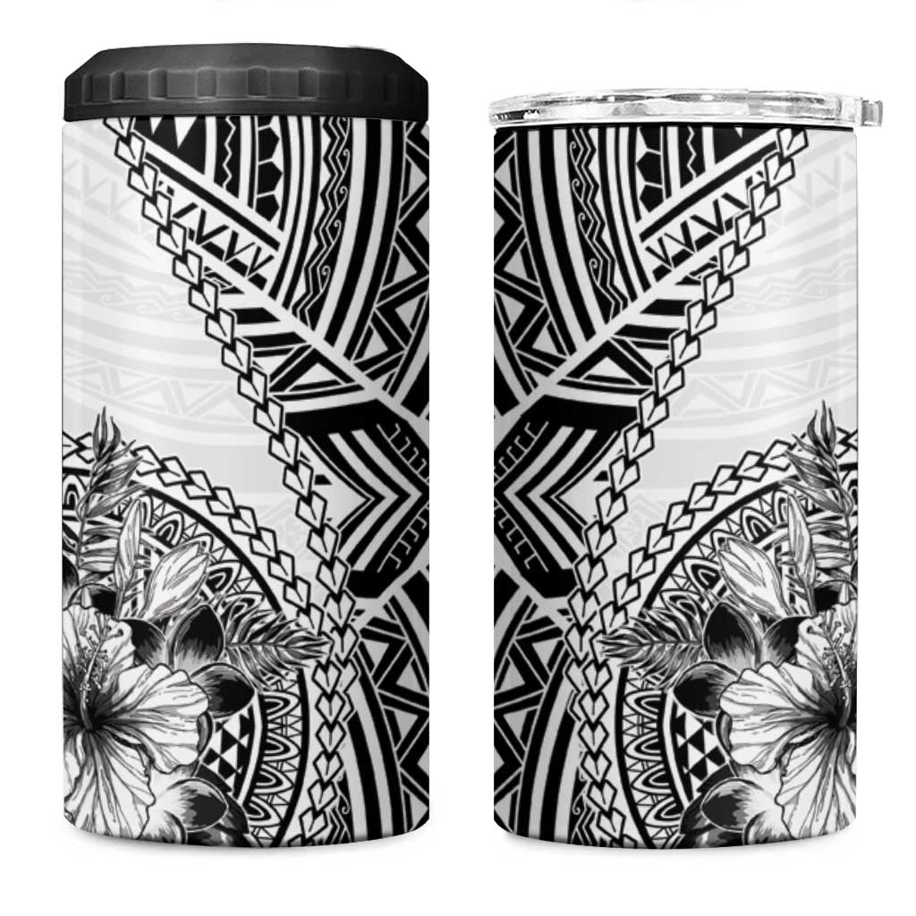 Hibiscus With White Austronesian Tattoo Pattern 4 in 1 Can Cooler Tumbler - Polynesian Pride