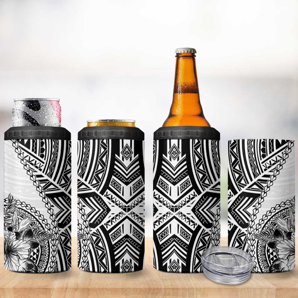 Hibiscus With White Austronesian Tattoo Pattern 4 in 1 Can Cooler Tumbler - Polynesian Pride