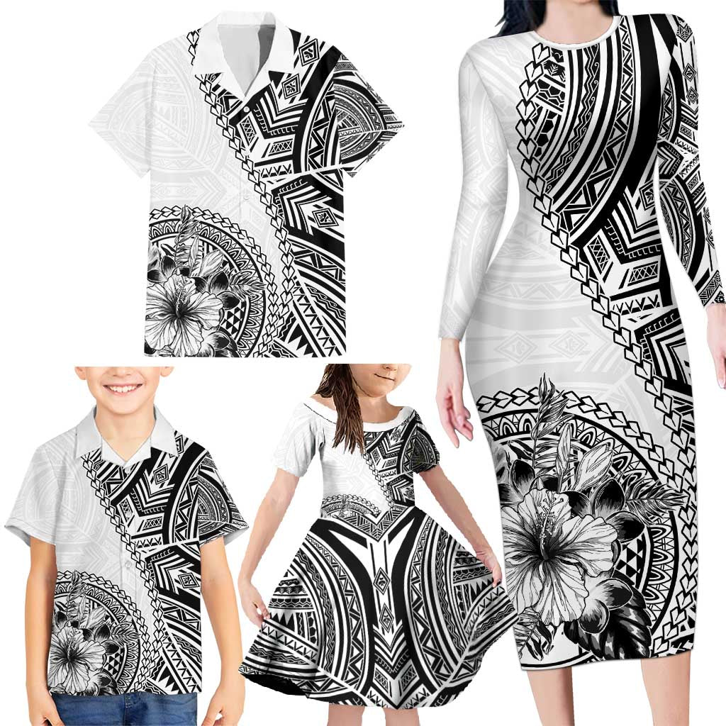 Hibiscus With White Austronesian Tattoo Pattern Family Matching Long Sleeve Bodycon Dress and Hawaiian Shirt LT05 - Polynesian Pride