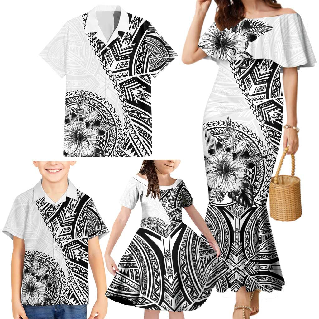 Hibiscus With White Austronesian Tattoo Pattern Family Matching Mermaid Dress and Hawaiian Shirt LT05 - Polynesian Pride