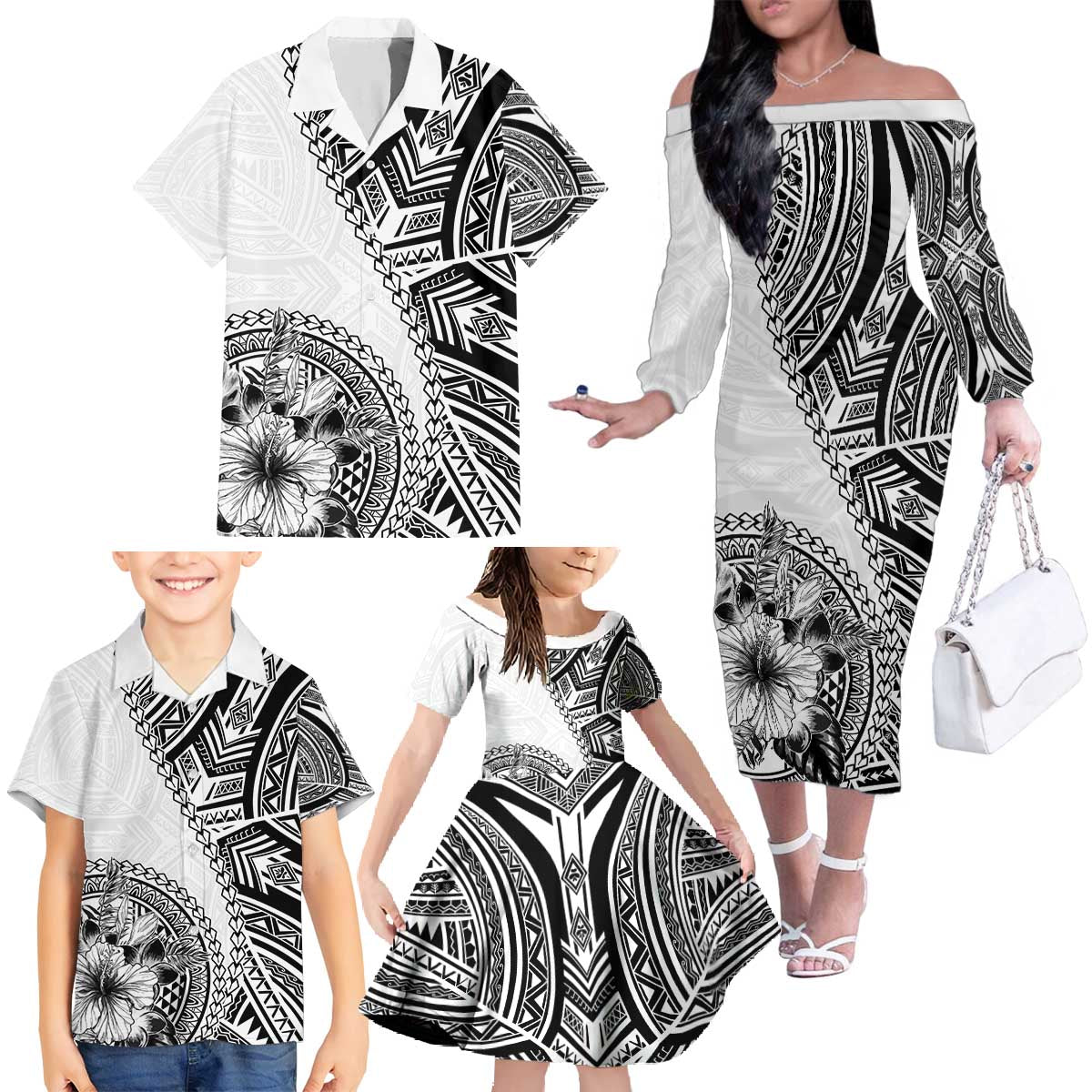 Hibiscus With White Austronesian Tattoo Pattern Family Matching Off The Shoulder Long Sleeve Dress and Hawaiian Shirt - Polynesian Pride