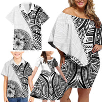 Hibiscus With White Austronesian Tattoo Pattern Family Matching Off Shoulder Short Dress and Hawaiian Shirt - Polynesian Pride