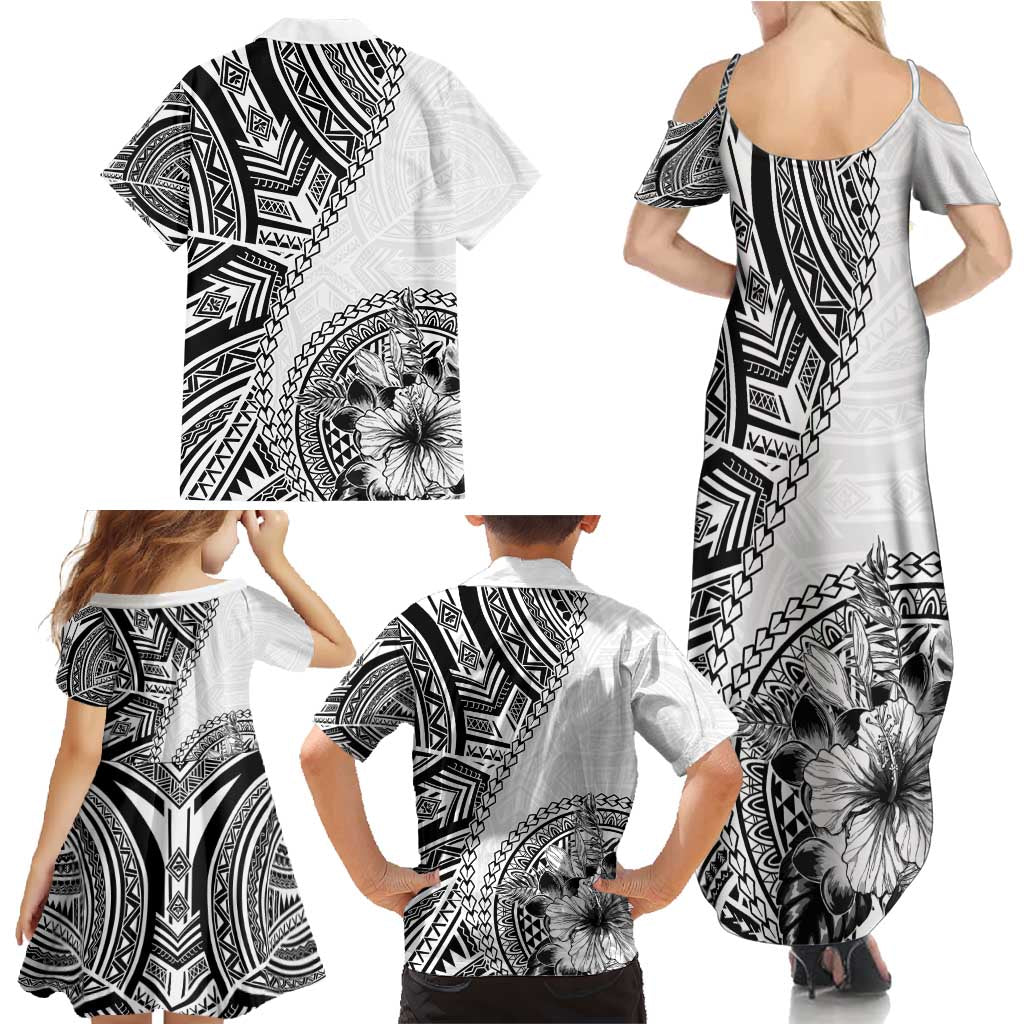 Hibiscus With White Austronesian Tattoo Pattern Family Matching Summer Maxi Dress and Hawaiian Shirt - Polynesian Pride