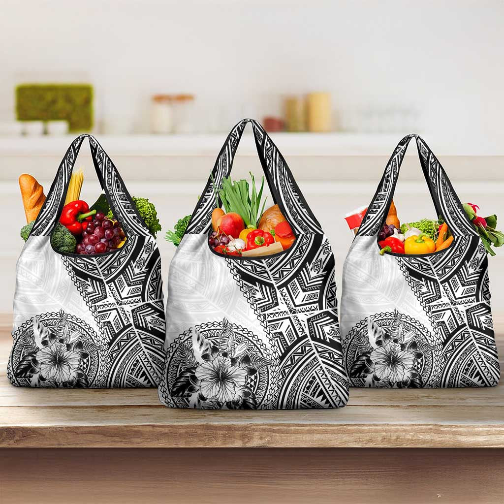 Hibiscus With White Austronesian Tattoo Pattern Grocery Bag - Polynesian Pride
