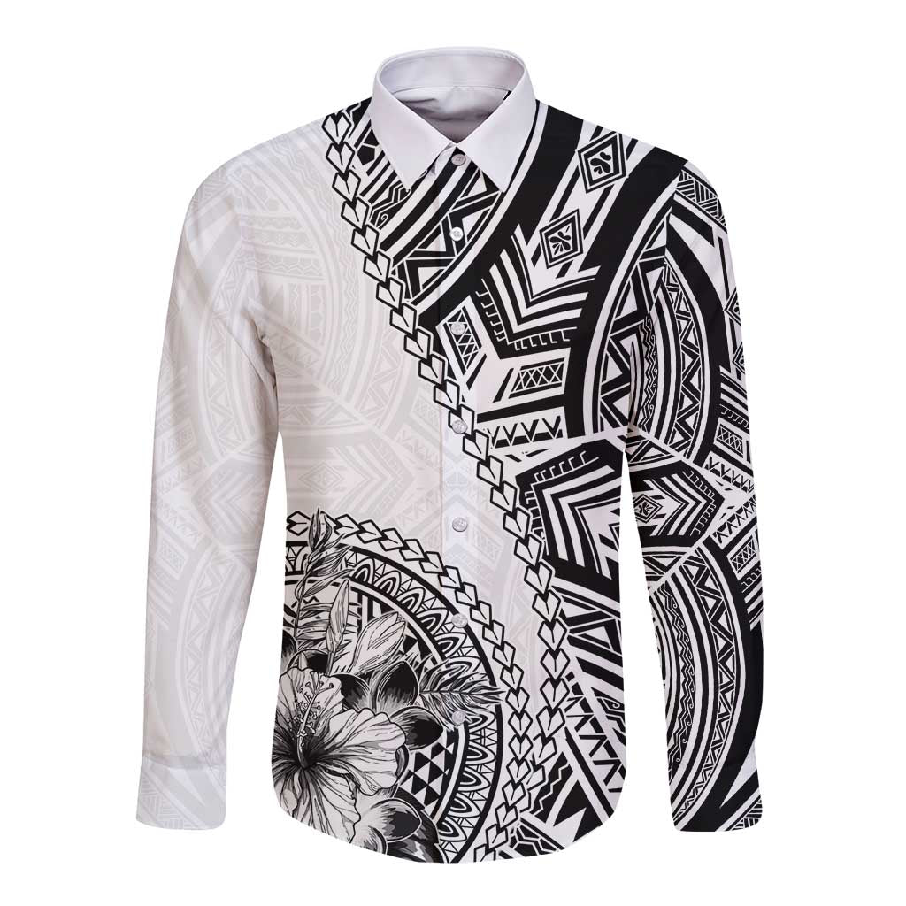 Hibiscus With White Austronesian Tattoo Pattern Long Sleeve Button Shirt - Polynesian Pride