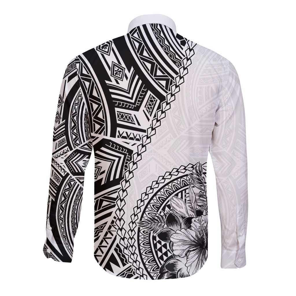 Hibiscus With White Austronesian Tattoo Pattern Long Sleeve Button Shirt - Polynesian Pride