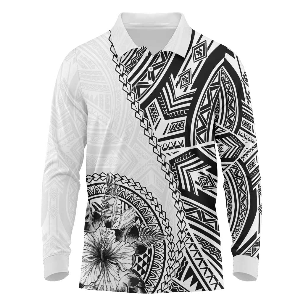 Hibiscus With White Austronesian Tattoo Pattern Long Sleeve Polo Shirt LT05 White - Polynesian Pride