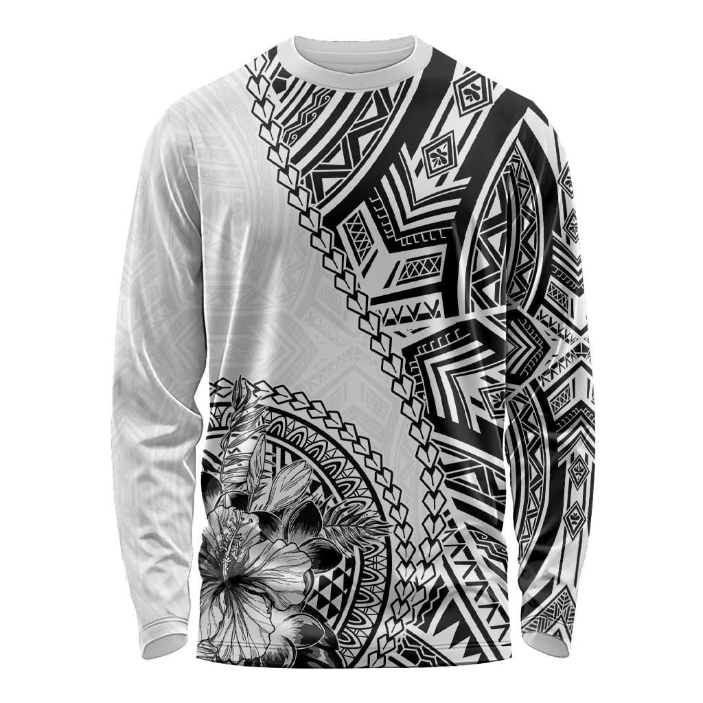 Hibiscus With White Austronesian Tattoo Pattern Long Sleeve Shirt - Polynesian Pride