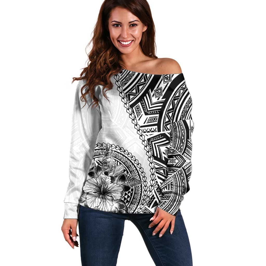 Hibiscus With White Austronesian Tattoo Pattern Off Shoulder Sweater - Polynesian Pride