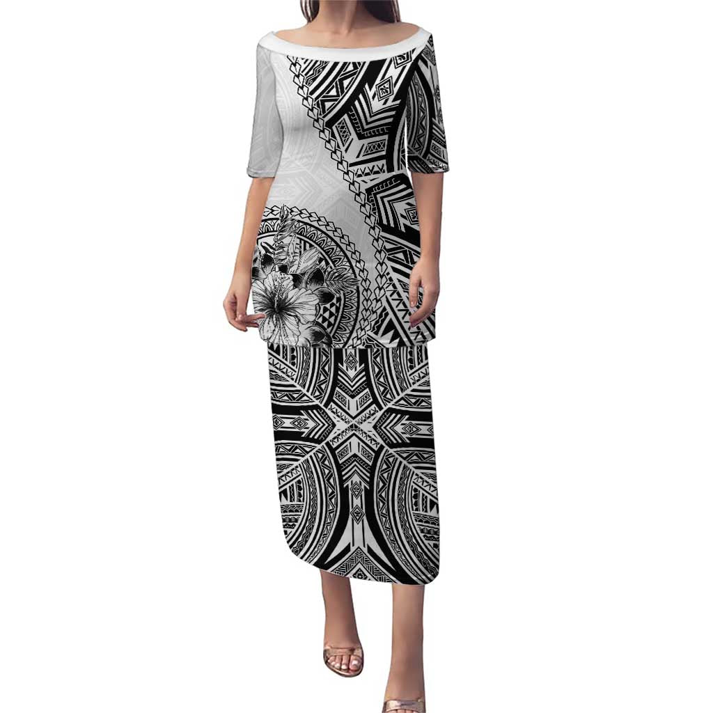 Hibiscus With White Austronesian Tattoo Pattern Puletasi - Polynesian Pride