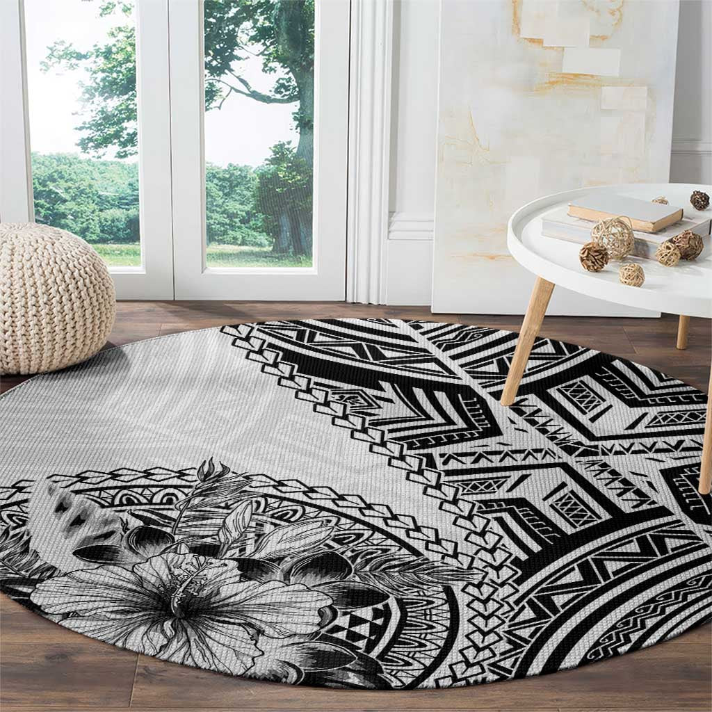 Hibiscus With White Austronesian Tattoo Pattern Round Carpet - Polynesian Pride
