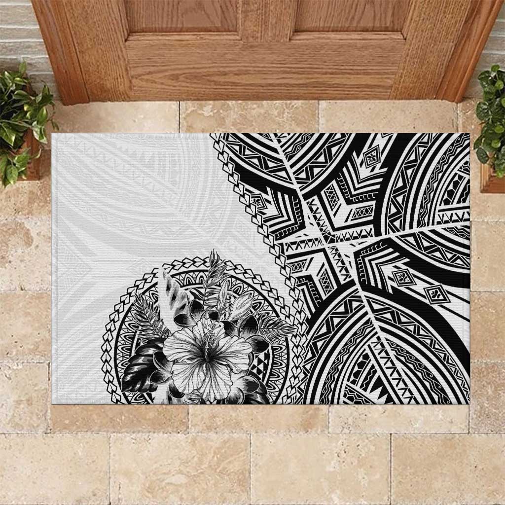 Hibiscus With White Austronesian Tattoo Pattern Rubber Doormat - Polynesian Pride