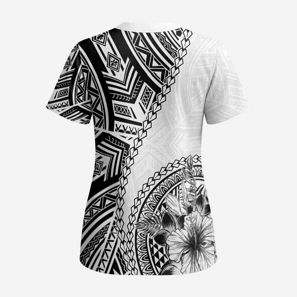 Hibiscus With White Austronesian Tattoo Pattern Scrub Top - Polynesian Pride