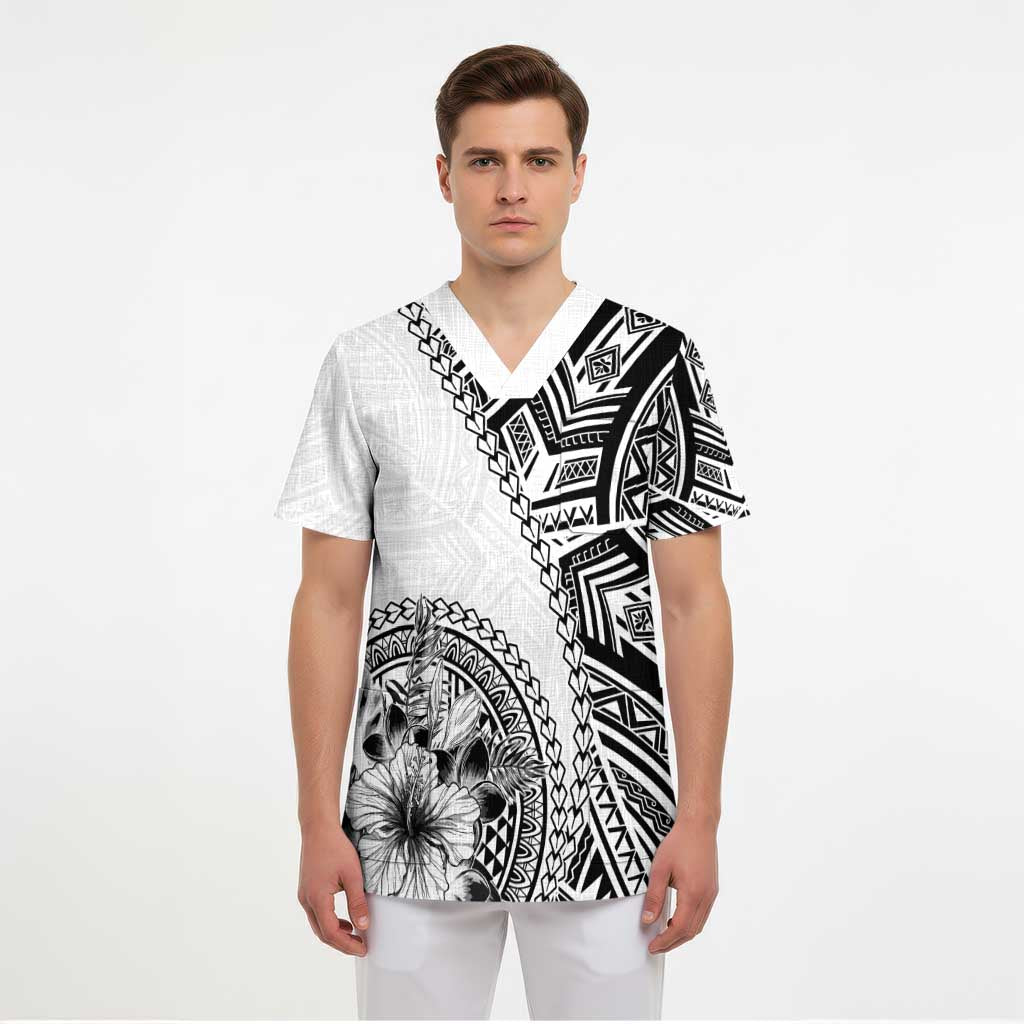 Hibiscus With White Austronesian Tattoo Pattern Scrub Top - Polynesian Pride