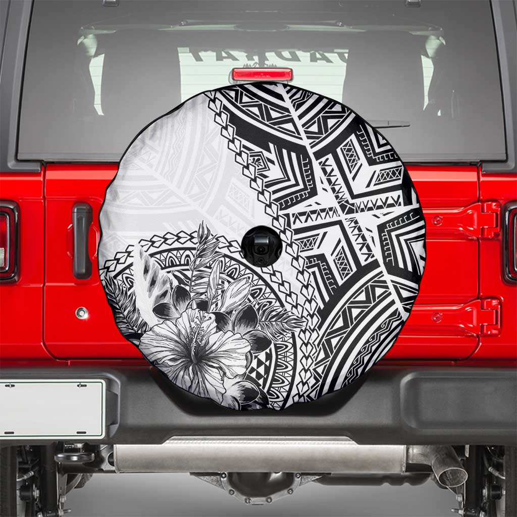 Hibiscus With White Austronesian Tattoo Pattern Spare Tire Cover - Polynesian Pride