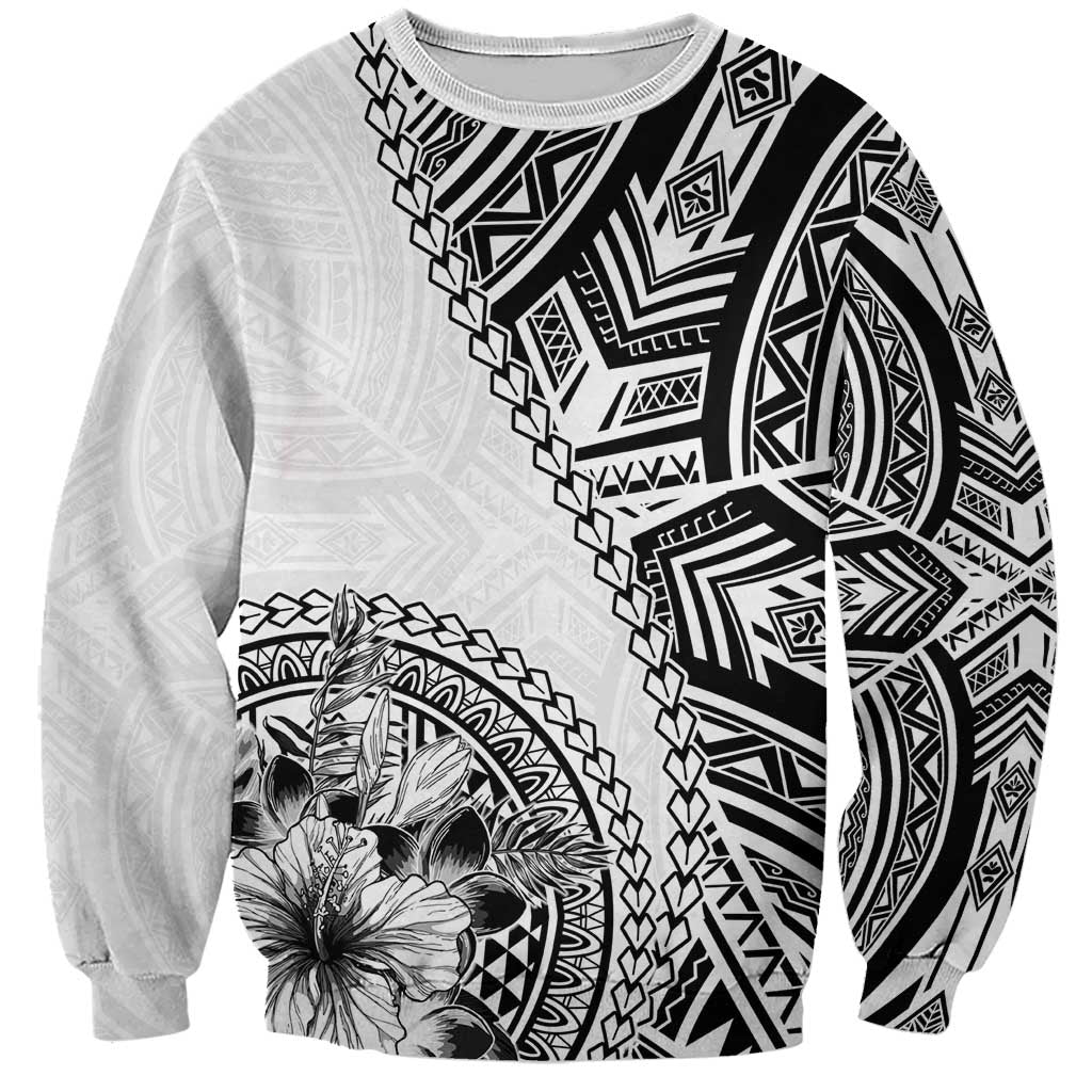 Hibiscus With White Austronesian Tattoo Pattern Sweatshirt LT05 Unisex White - Polynesian Pride