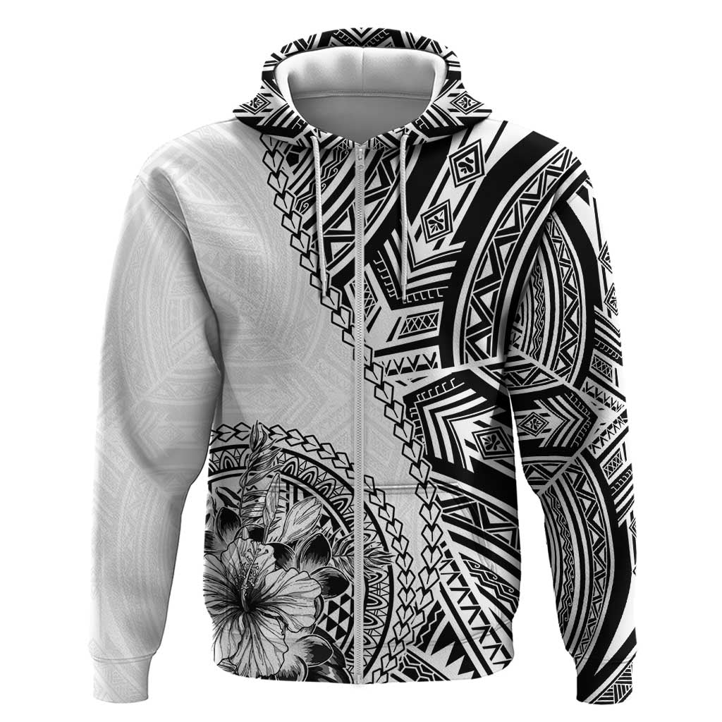 Hibiscus With White Austronesian Tattoo Pattern Zip Hoodie LT05 Zip Hoodie White - Polynesian Pride