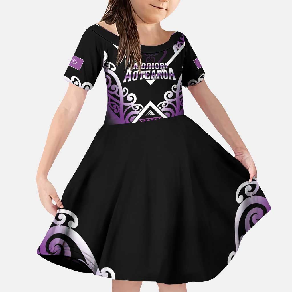 Personalised Aotearoa Moriori Family Matching Long Sleeve Bodycon Dress and Hawaiian Shirt Maori Pattern New Zealand LT05 Daughter's Dress Purple - Polynesian Pride