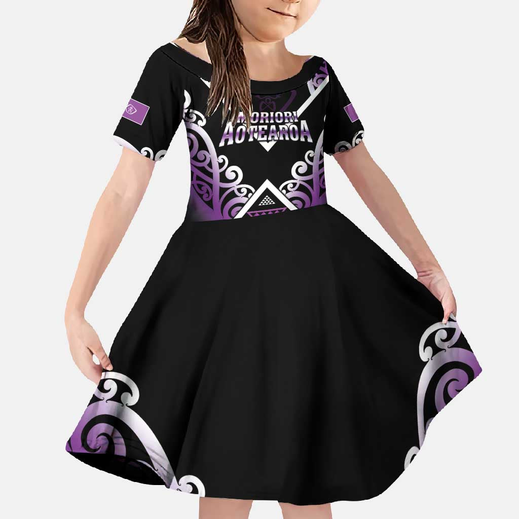 Personalised Aotearoa Moriori Family Matching Off Shoulder Maxi Dress and Hawaiian Shirt Maori Pattern New Zealand LT05 Daughter's Dress Purple - Polynesian Pride