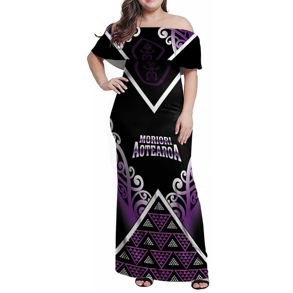 Personalised Aotearoa Moriori Family Matching Off Shoulder Maxi Dress and Hawaiian Shirt Maori Pattern New Zealand LT05 Mom's Dress Purple - Polynesian Pride