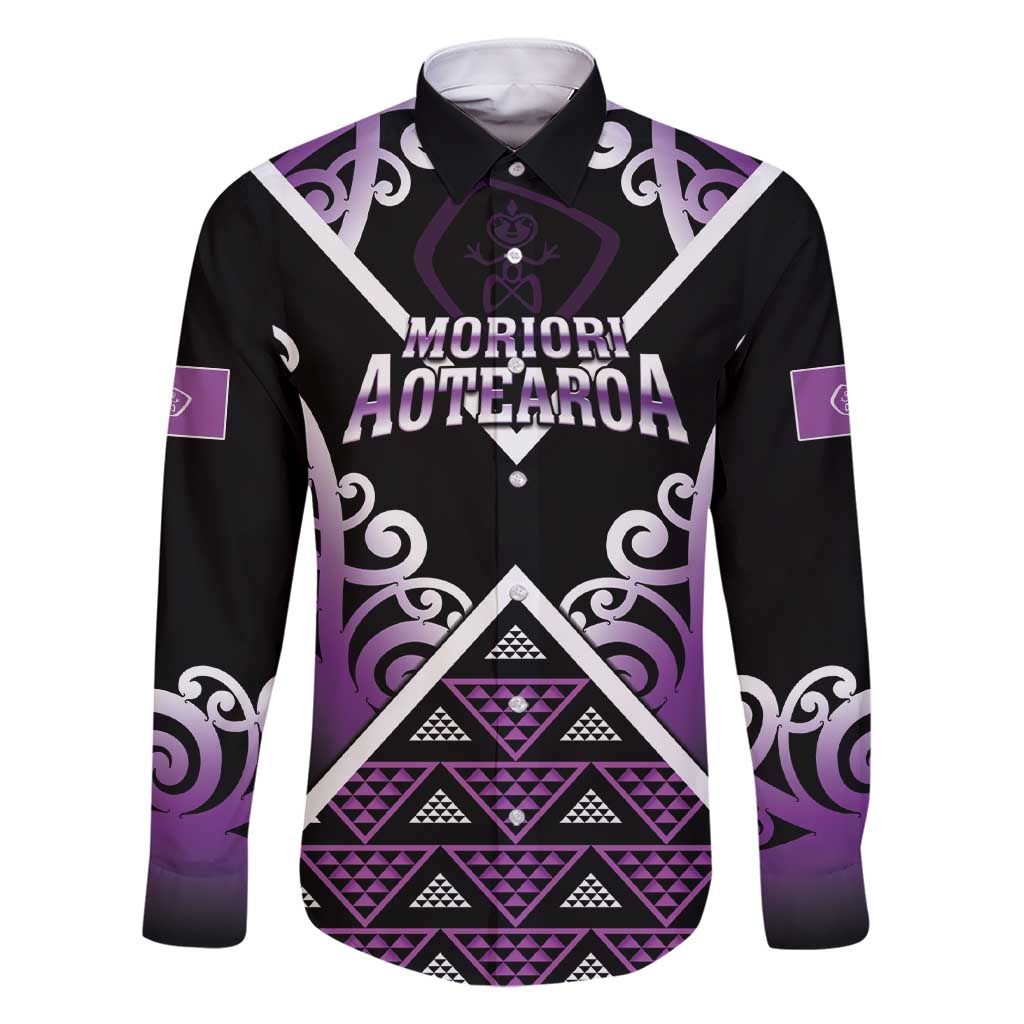 Personalised Aotearoa Moriori Family Matching Short Sleeve Bodycon Dress and Hawaiian Shirt Maori Pattern New Zealand LT05 Dad's Shirt - Long Sleeve Purple - Polynesian Pride