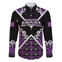 Personalised Aotearoa Moriori Family Matching Summer Maxi Dress and Hawaiian Shirt Maori Pattern New Zealand LT05 Dad's Shirt - Long Sleeve Purple - Polynesian Pride