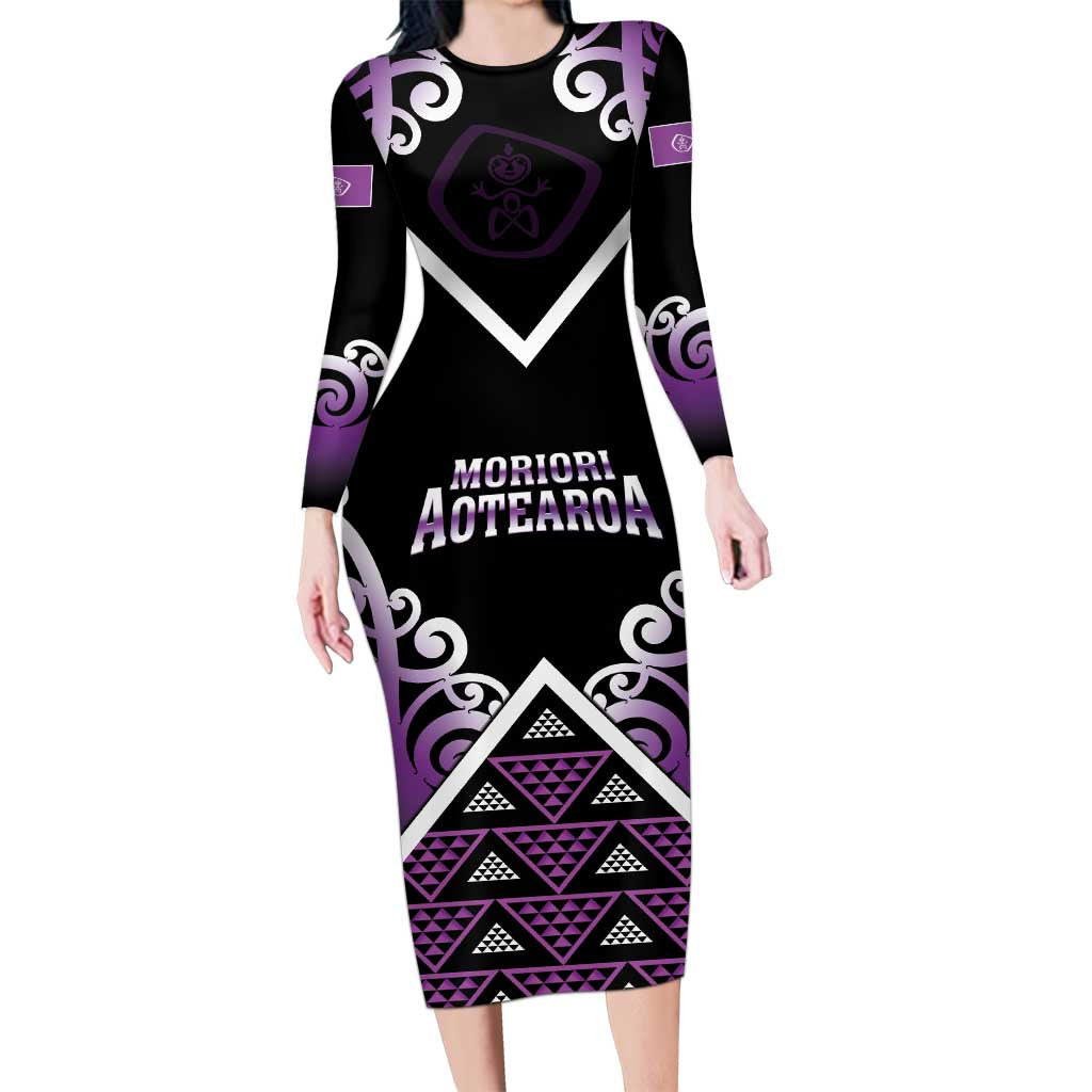 Personalised Aotearoa Moriori Long Sleeve Bodycon Dress Maori Pattern New Zealand - Polynesian Pride
