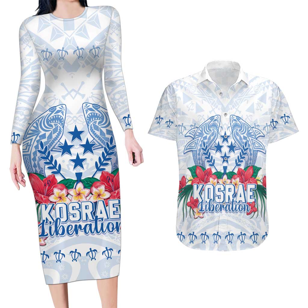 Happy Kosrae Liberation Day Couples Matching Long Sleeve Bodycon Dress and Hawaiian Shirt Polynesian Shark Turtle Motif