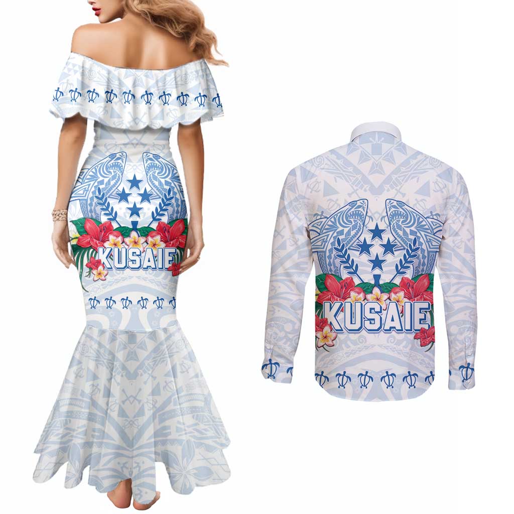 Happy Kosrae Liberation Day Couples Matching Mermaid Dress and Long Sleeve Button Shirt Polynesian Shark Turtle Motif