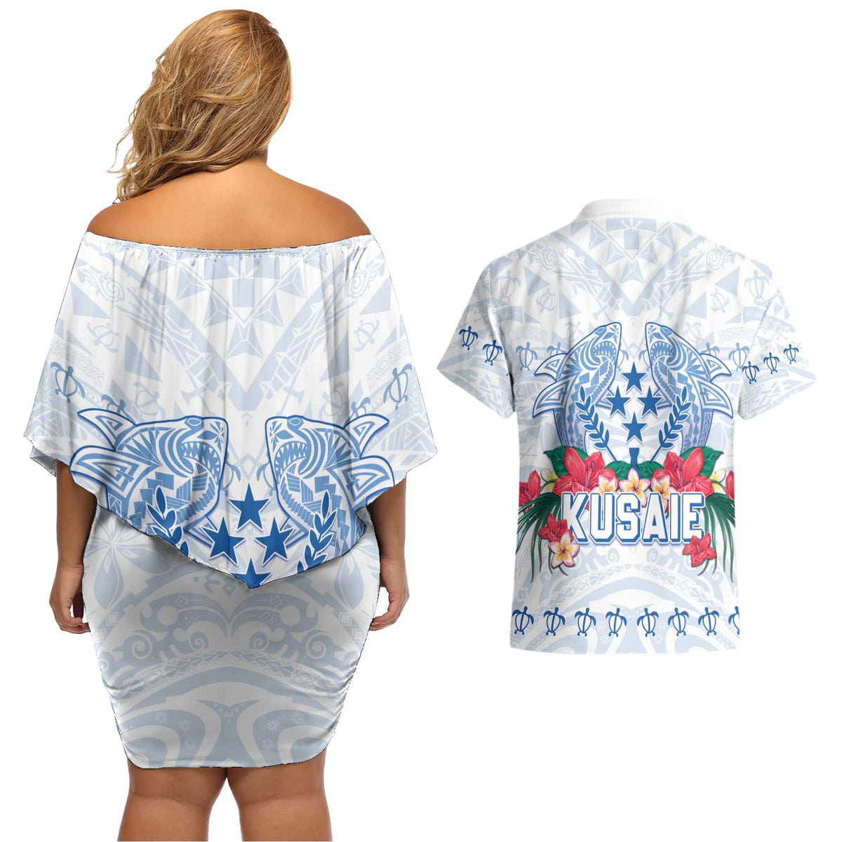 Happy Kosrae Liberation Day Couples Matching Off Shoulder Short Dress and Hawaiian Shirt Polynesian Shark Turtle Motif