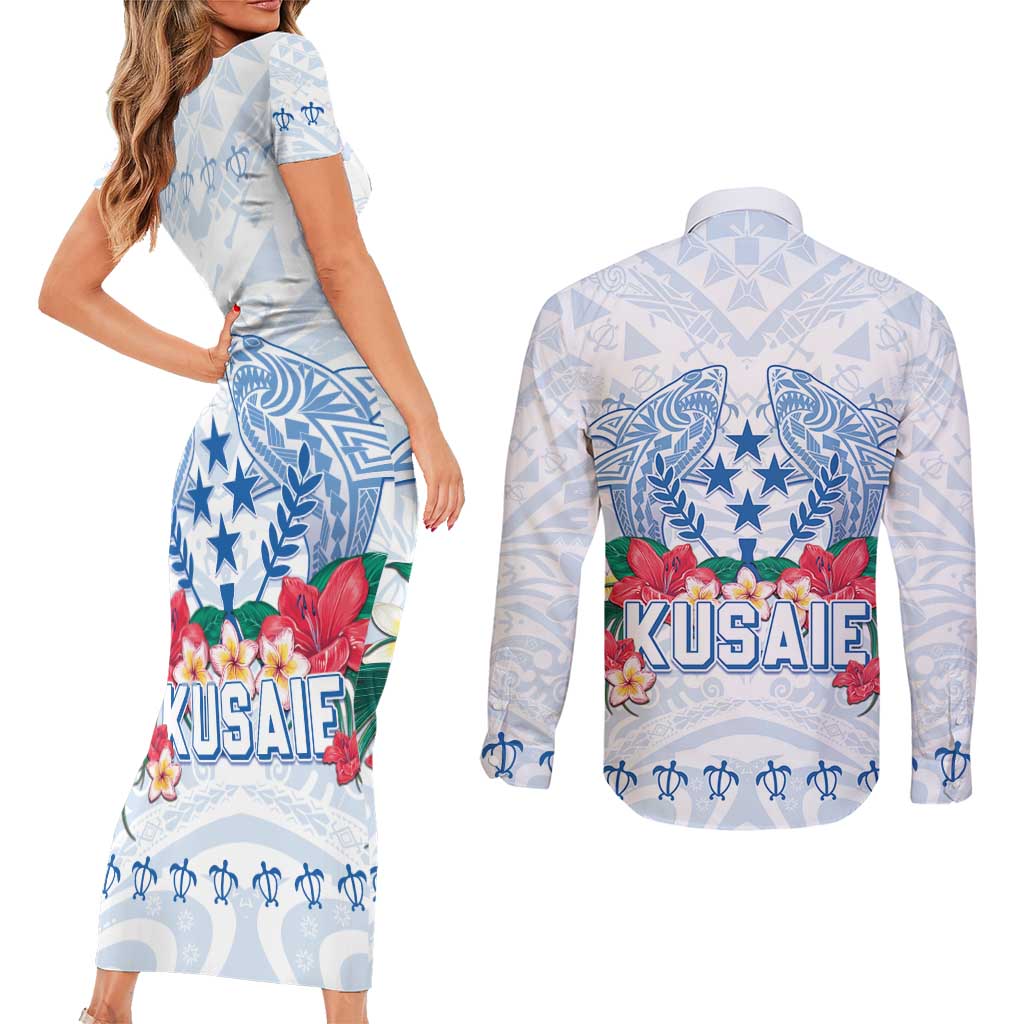 Happy Kosrae Liberation Day Couples Matching Short Sleeve Bodycon Dress and Long Sleeve Button Shirt Polynesian Shark Turtle Motif