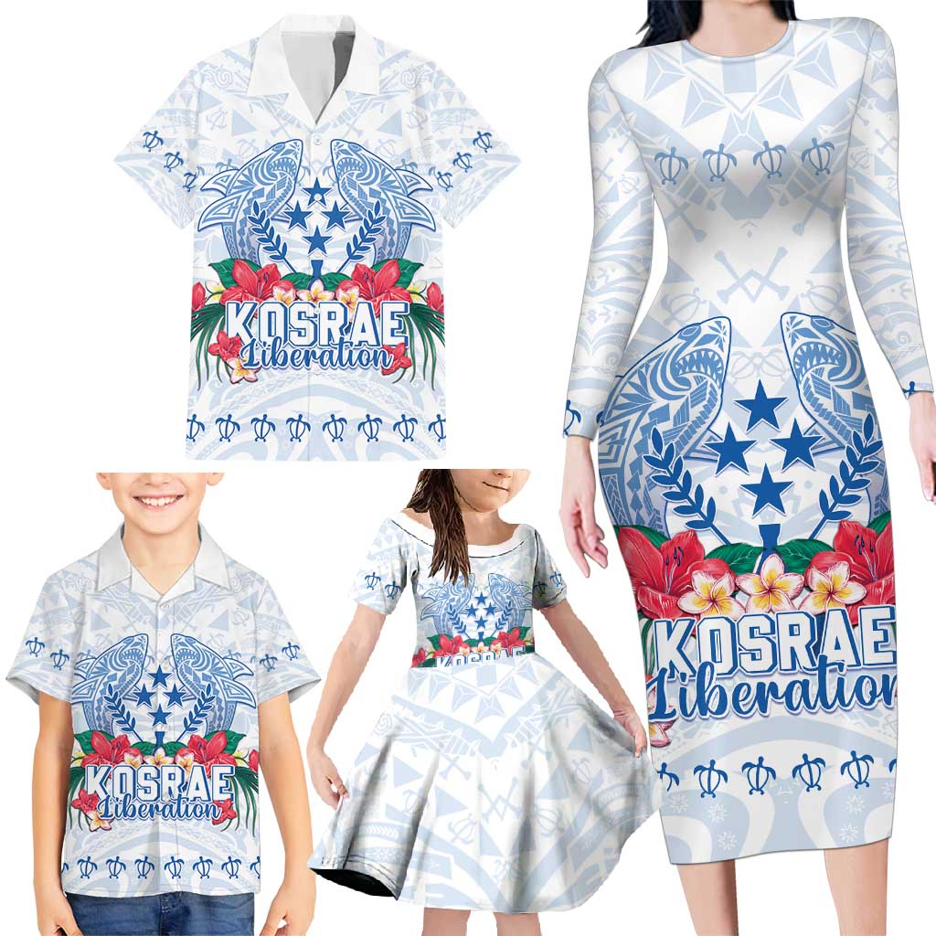 Happy Kosrae Liberation Day Family Matching Long Sleeve Bodycon Dress and Hawaiian Shirt Polynesian Shark Turtle Motif