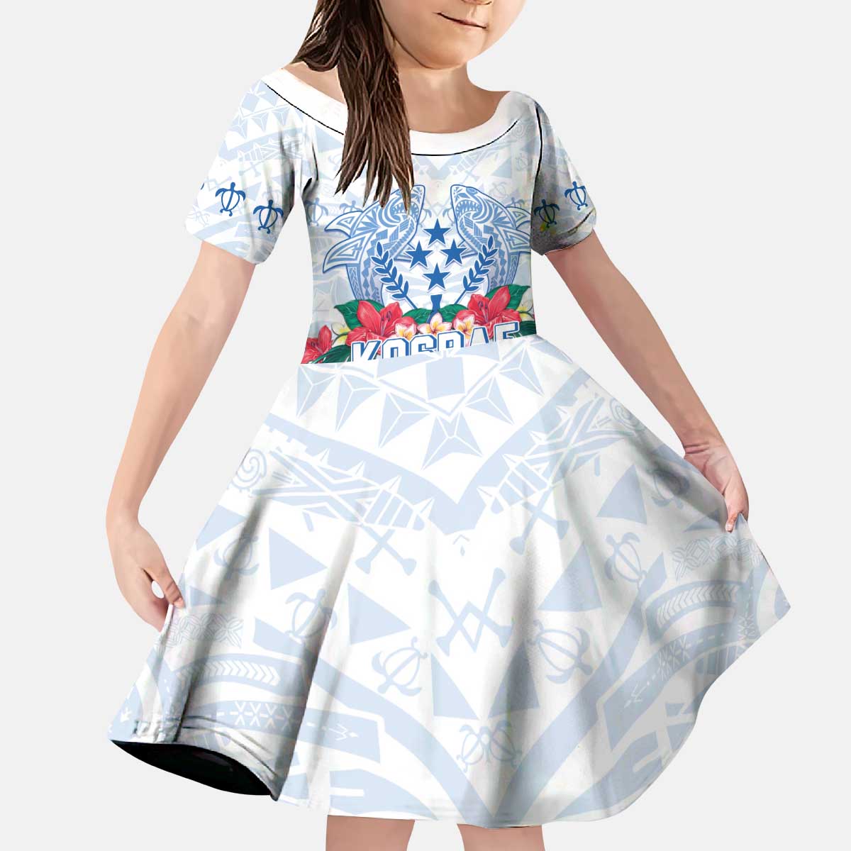 Happy Kosrae Liberation Day Kid Short Sleeve Dress Polynesian Shark Turtle Motif