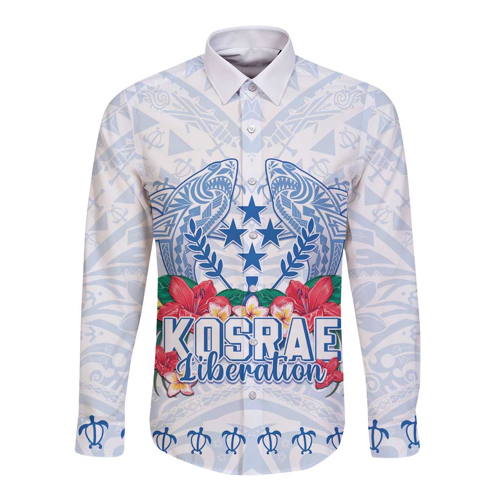 Happy Kosrae Liberation Day Long Sleeve Button Shirt Polynesian Shark Turtle Motif