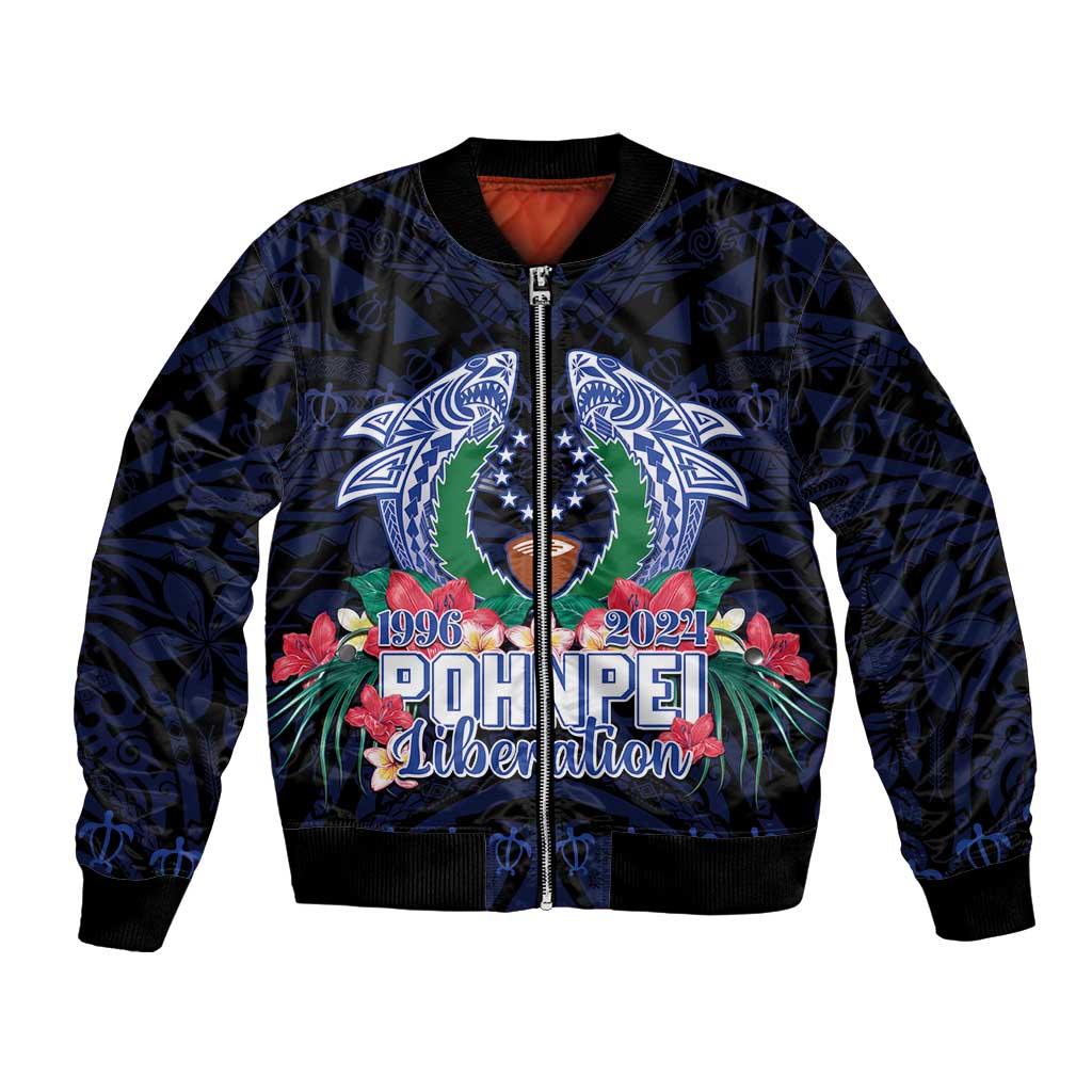 Happy Pohnpei Liberation Day Bomber Jacket Polynesian Shark Turtle Motif