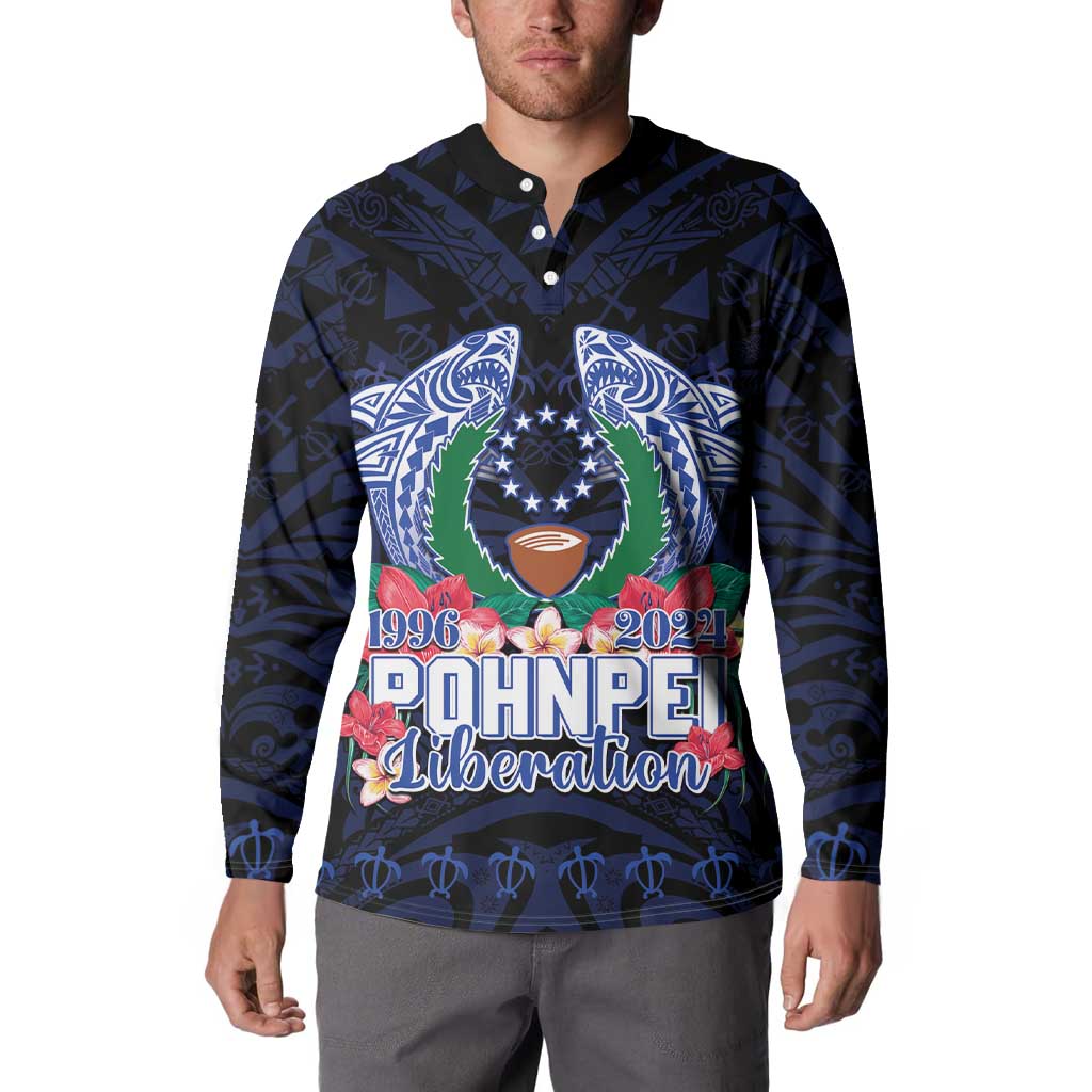 Happy Pohnpei Liberation Day Button Sweatshirt Polynesian Shark Turtle Motif
