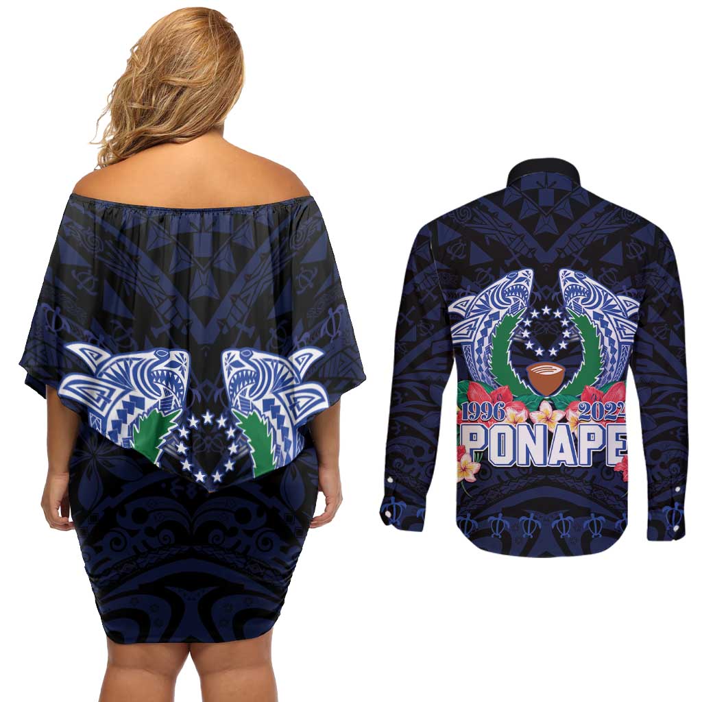 Happy Pohnpei Liberation Day Couples Matching Off Shoulder Short Dress and Long Sleeve Button Shirt Polynesian Shark Turtle Motif
