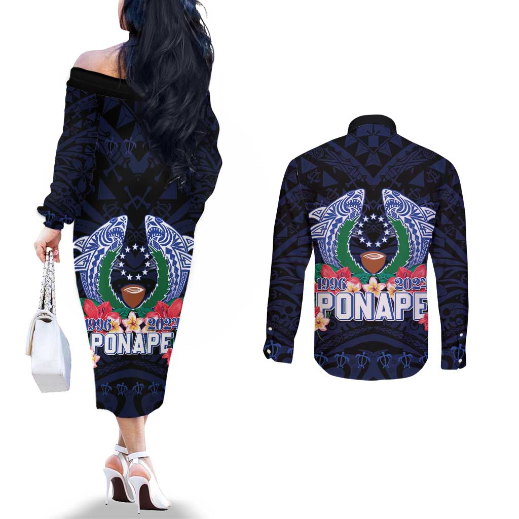 Happy Pohnpei Liberation Day Couples Matching Off The Shoulder Long Sleeve Dress and Long Sleeve Button Shirt Polynesian Shark Turtle Motif