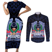 Happy Pohnpei Liberation Day Couples Matching Short Sleeve Bodycon Dress and Long Sleeve Button Shirt Polynesian Shark Turtle Motif