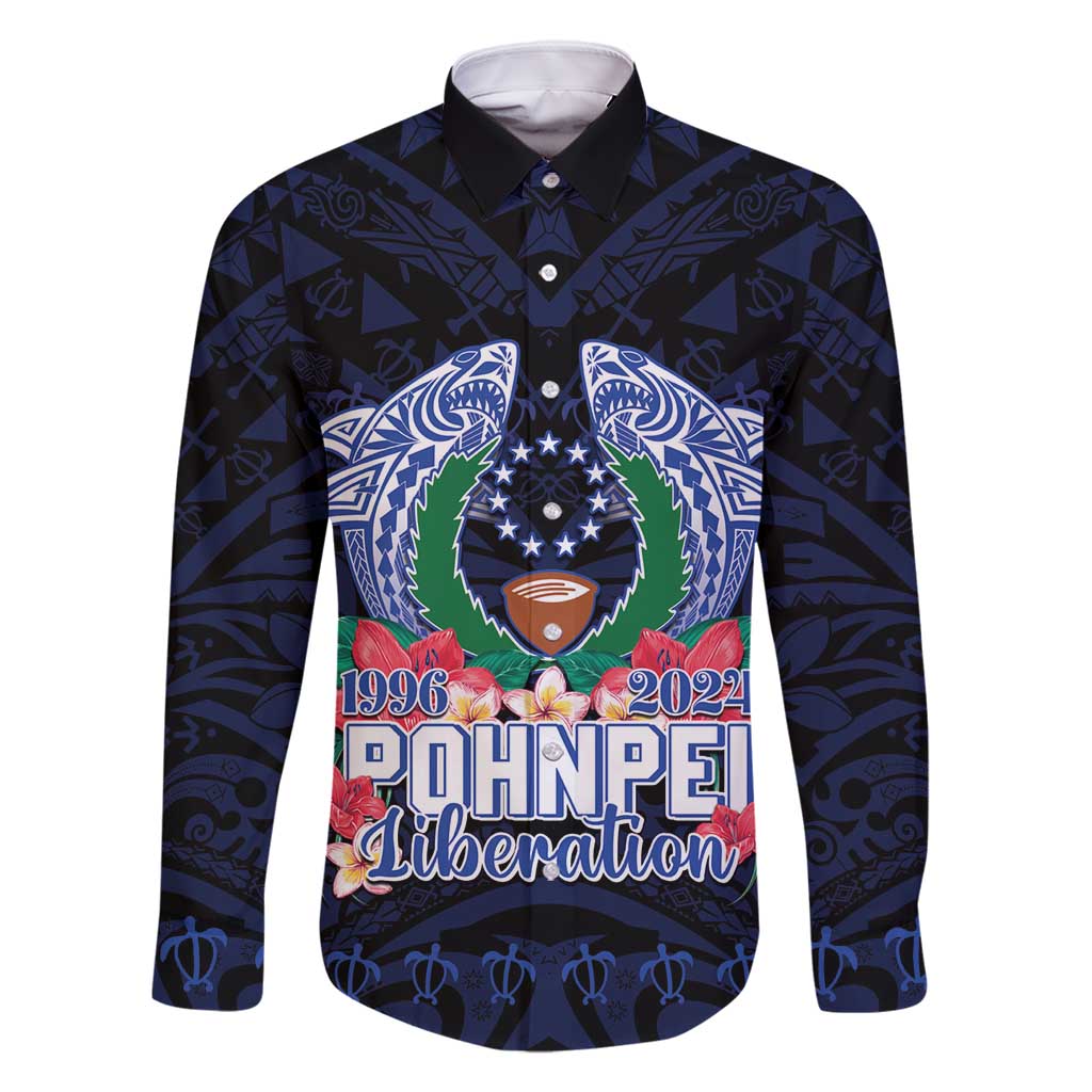 Happy Pohnpei Liberation Day Family Matching Long Sleeve Bodycon Dress and Hawaiian Shirt Polynesian Shark Turtle Motif