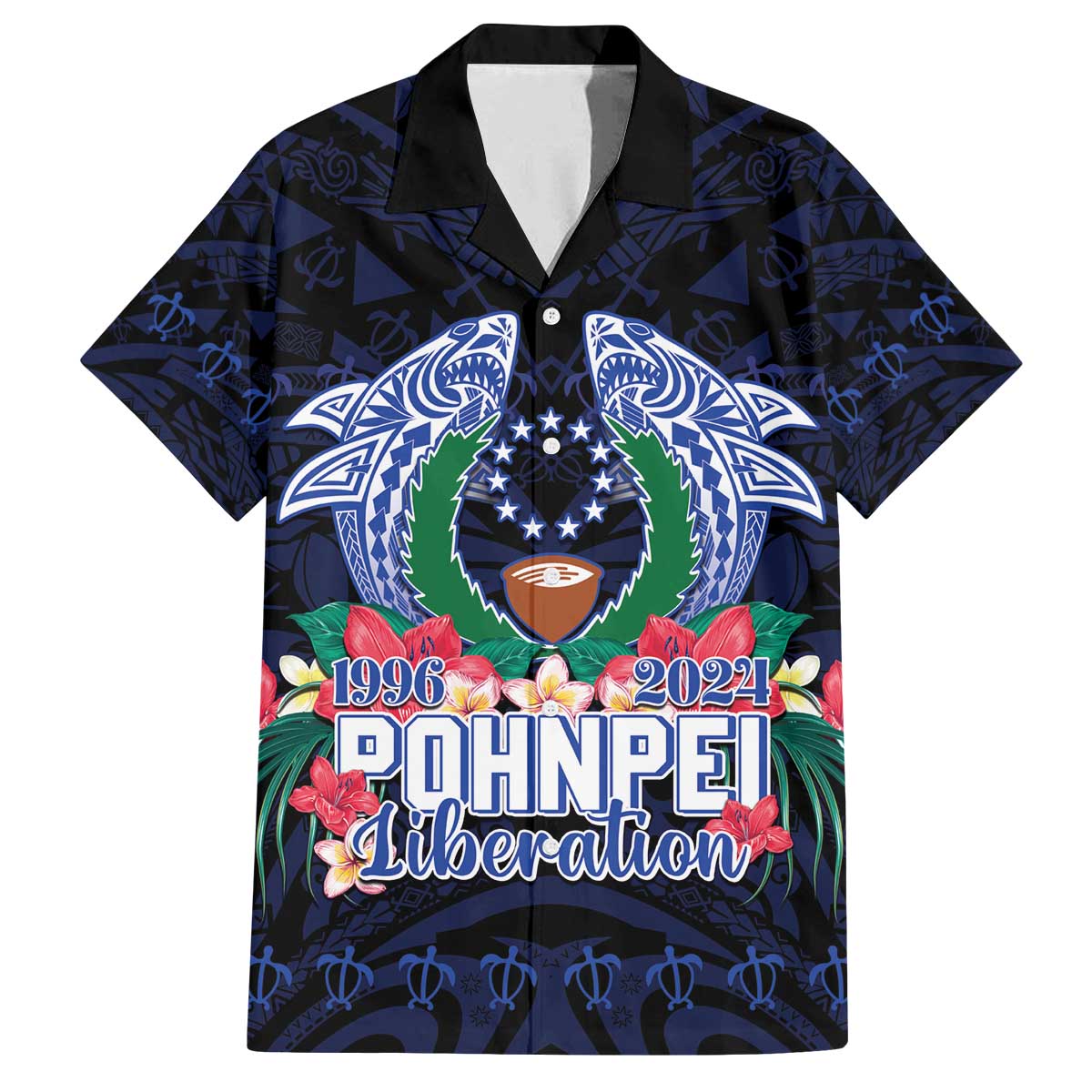 Happy Pohnpei Liberation Day Family Matching Off The Shoulder Long Sleeve Dress and Hawaiian Shirt Polynesian Shark Turtle Motif