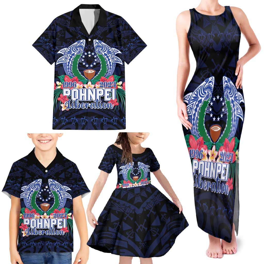 Happy Pohnpei Liberation Day Family Matching Tank Maxi Dress and Hawaiian Shirt Polynesian Shark Turtle Motif