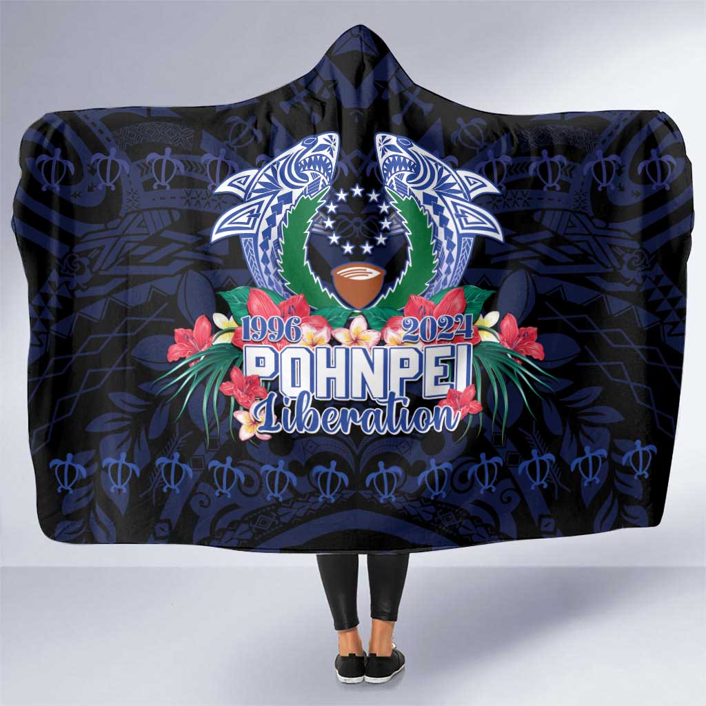 Happy Pohnpei Liberation Day Hooded Blanket Polynesian Shark Turtle Motif