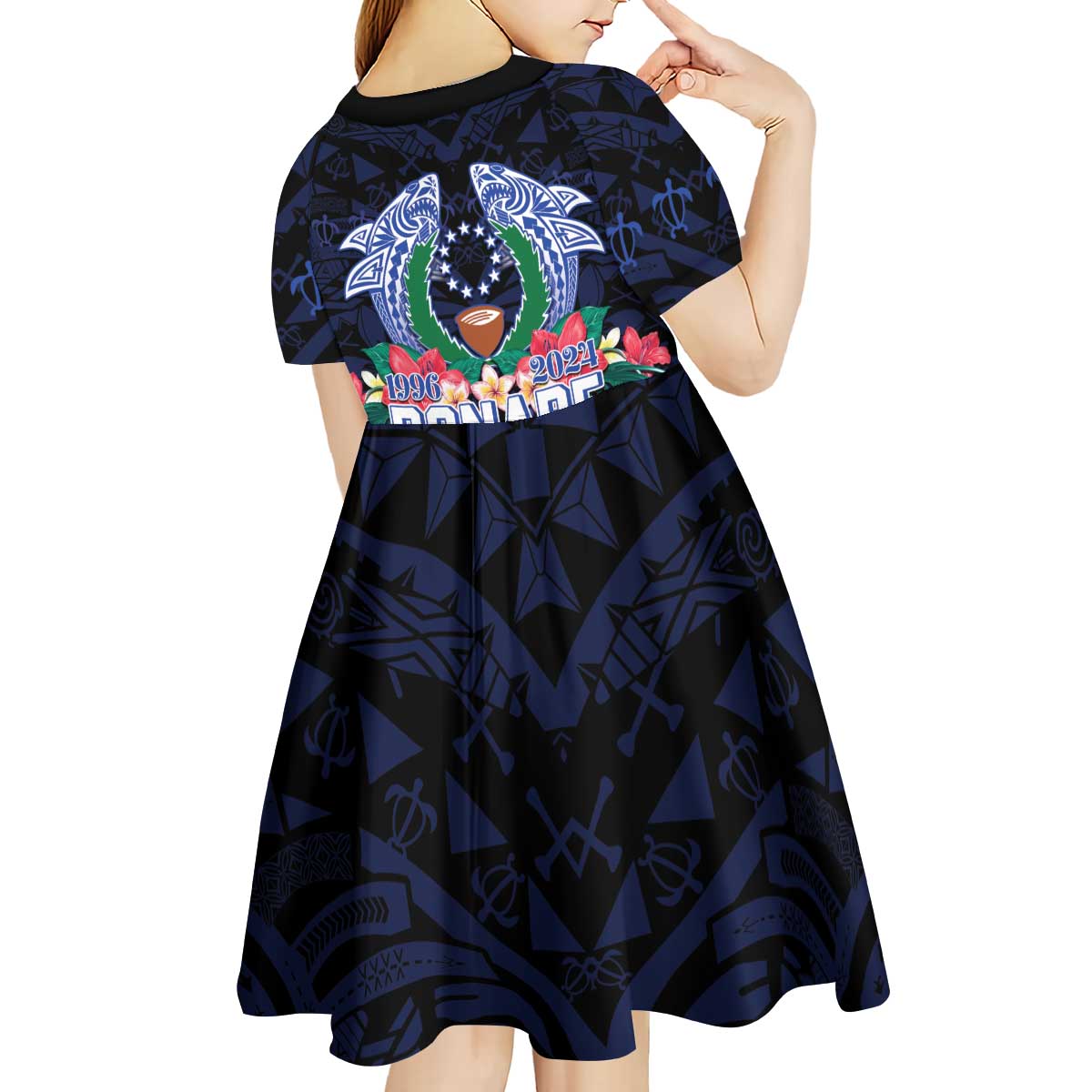 Happy Pohnpei Liberation Day Kid Short Sleeve Dress Polynesian Shark Turtle Motif