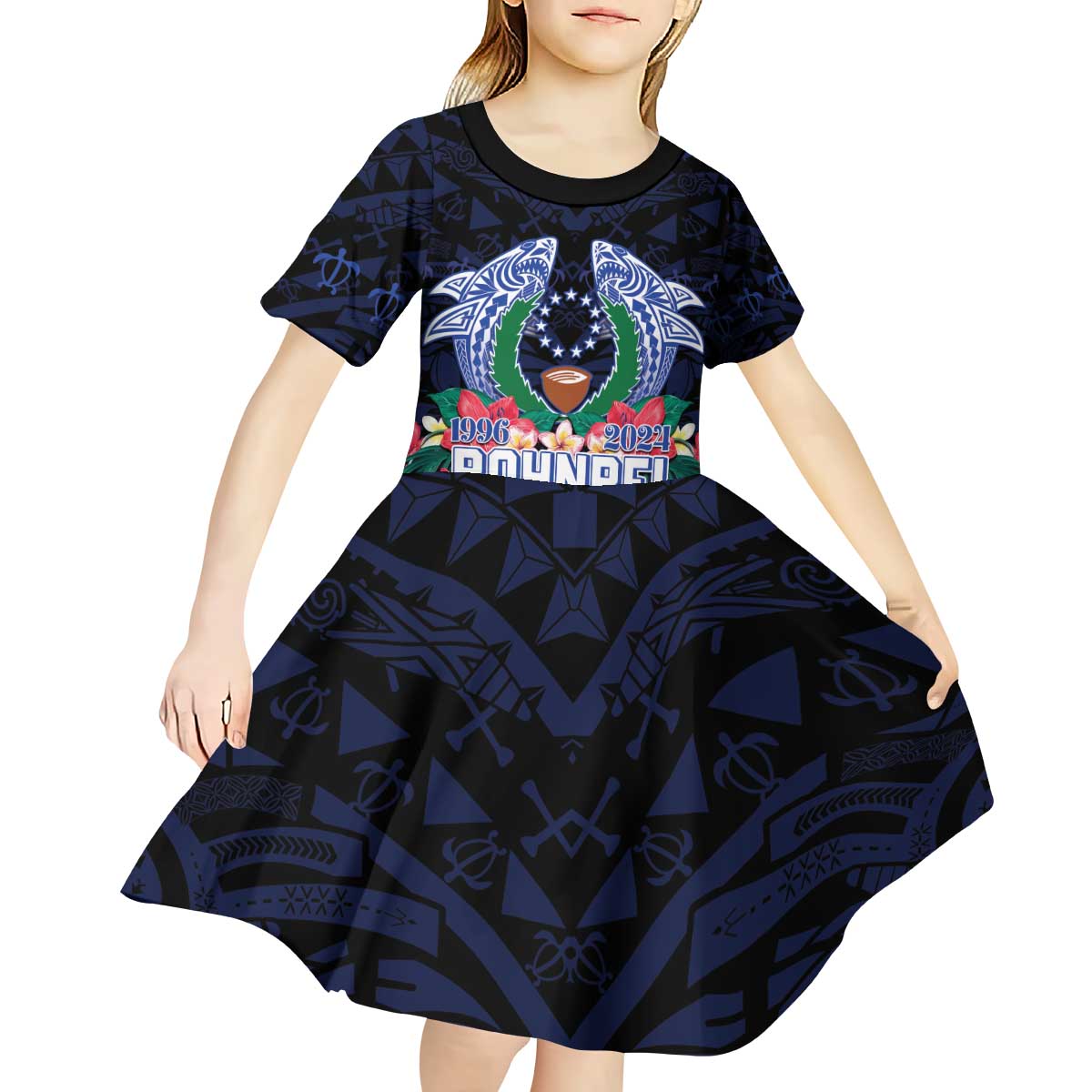 Happy Pohnpei Liberation Day Kid Short Sleeve Dress Polynesian Shark Turtle Motif