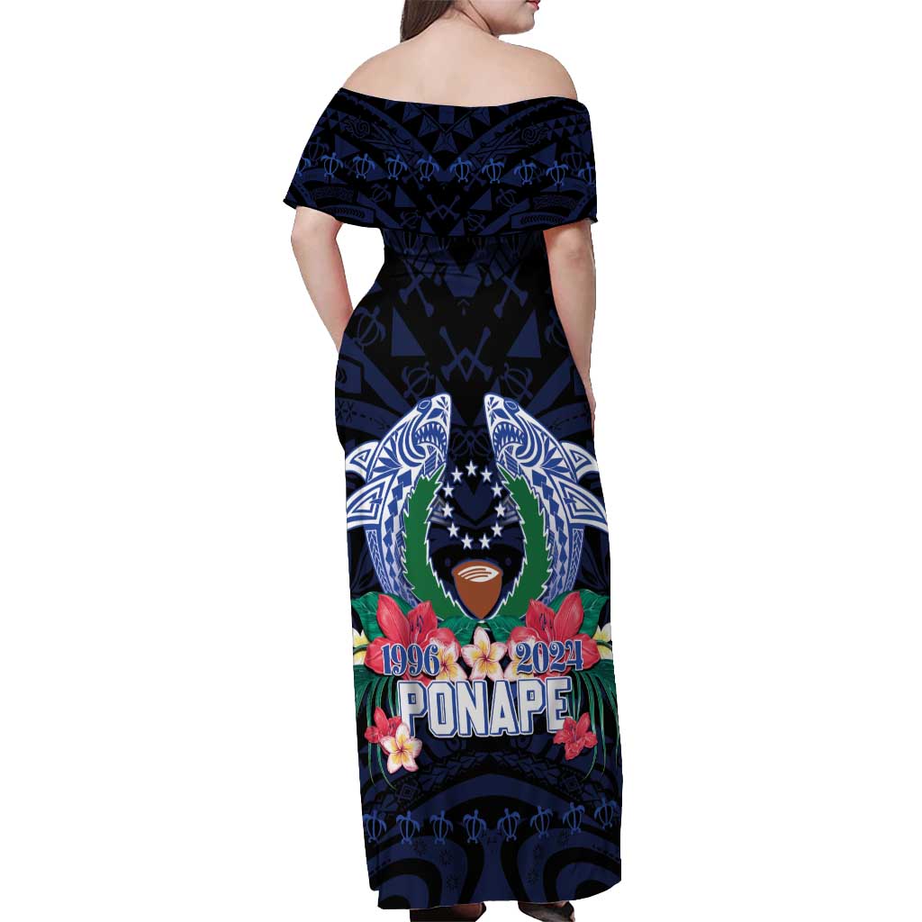 Happy Pohnpei Liberation Day Off Shoulder Maxi Dress Polynesian Shark Turtle Motif